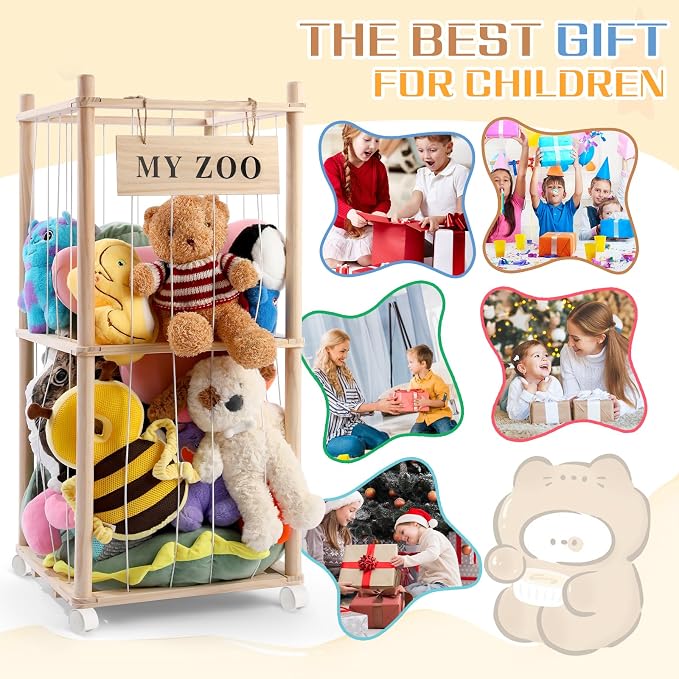 GLDZI Stuffed Animal Storage Zoo with Wheels, Wooden Stuffed Animal Organizer with Elastic Cords, Space Saving Toy Plushies Storage Holder for Playroom, Bedroom, Living Room(Burlywood, Small)