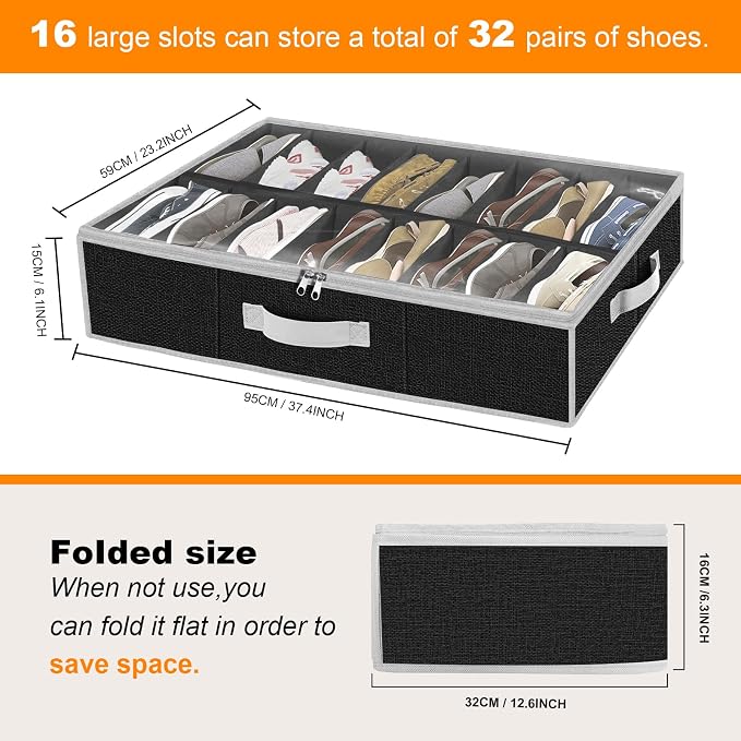 homyfort Under the Bed Shoe Storage Organizer for Closet, Extra Large Underbed Shoe Container, 2 Pack Fits 32 Pairs, Black