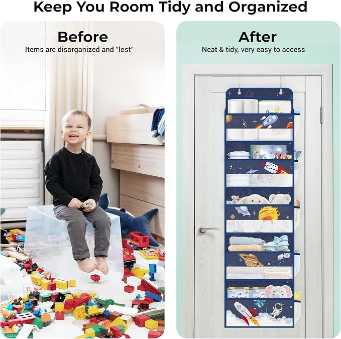 Clastyle Blue Space Over The Door Organizer Storage Planet Rocket 5 Shelves Closet Nursery Hanging Shelves Clothes Diaper Stuffed Animal Toy Storage for Newborn Baby Essential