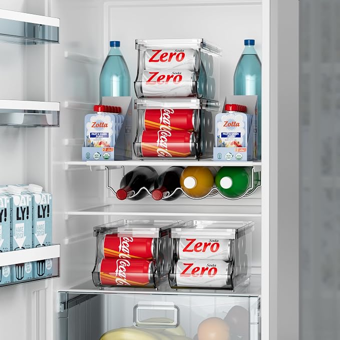 Set of 2 Stackable Drink Can Organizer for Fridge, Freezer, Kitchen, Countertops, Cabinets - Soft Drink Holder for Refrigerator with Lid, Soda Can Dispenser, BPA Free, Holds 9 Cans Each