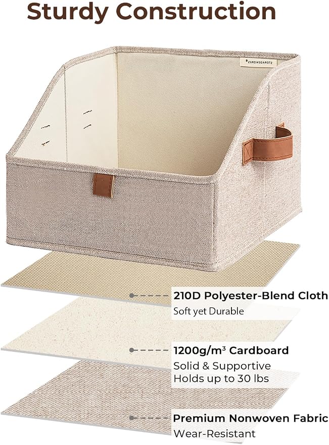 StorageWorks Closet Storage Bins, Trapezoid Organizer Box for Shelves, Fabric Clothes Bin, Foldable Organizing Baskets with Handles, Small, Brown and Beige, 3-Pack