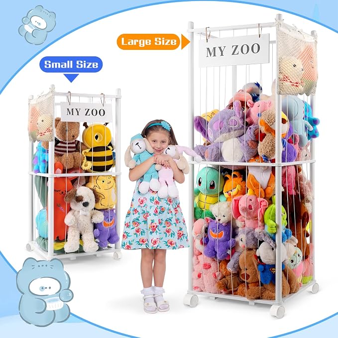 GLDZI Stuffed Animal Storage Zoo with Wheels, Wooden Stuffed Animal Organizer with Elastic Cords, Space Saving Toy Plushies Storage Holder for Playroom, Bedroom, Living Room(White, Large)