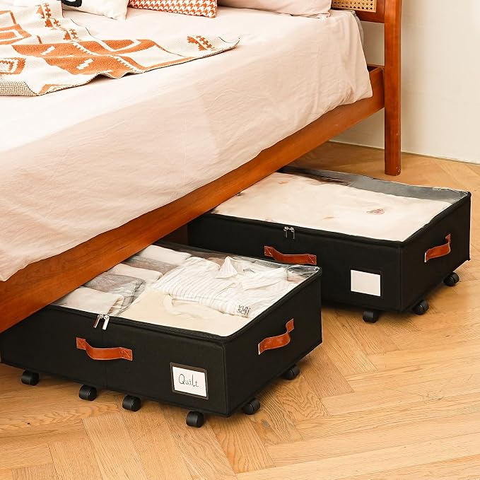 Freebat Under Bed Storage Organizer with Wheels 2 Pack, 7.5 inches Height Underbed Container with Clear Lid Cover, Storage Bag Box with Visiable Window for Clothes, Bedsheet, Pillow