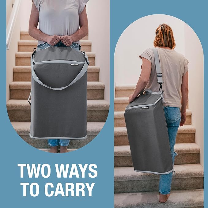 CleverMade Convertible Hanging Laundry Hamper, 21.5L, Over-the-Door, Stone | Bottom zipper, removable carry strap and door hooks simplify unloading and hauling in dorms, bedrooms, bathrooms and RVs