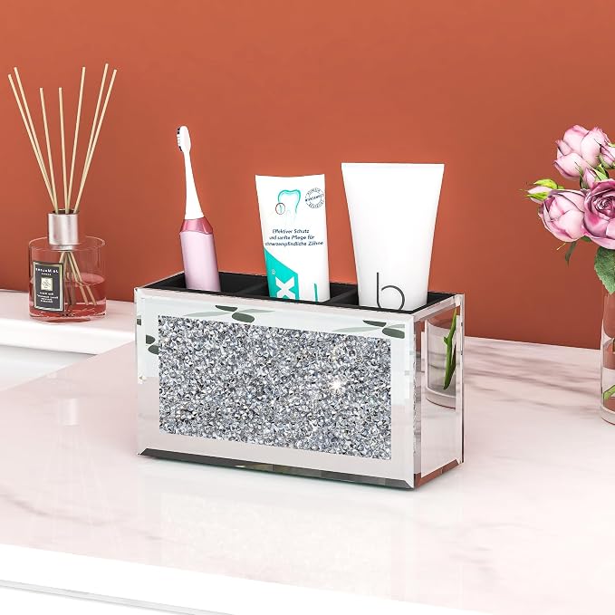 SHYFOY Mirrored Makeup Brush Holder Organizer, 3 Slot Glass Cosmetics Brushes Storage Holders with Crystal Crushed Diamond, Cute Pen and Pencil Holder for Desk, Eyeliners Display Case for Vanity