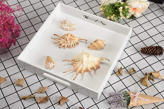 KEVLANG Glossy White Sturdy Acrylic Serving Tray with Handles-10x10Inch-Serving Coffee,Appetizer,Breakfast,Butler-Kitchen Countertop-Makeup Drawer Organizer-Vanity Table,Ottoman Tray-Decorative Tray