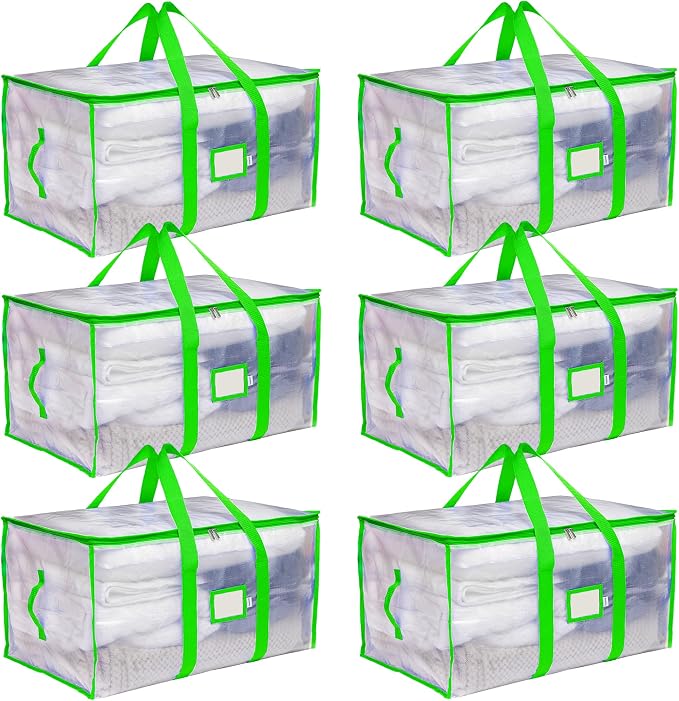 Storage and Moving Bags - Heavy Duty, Dust Protection and Water Resistant, Durable Zipper Closure and Sturdy Handles Best Moving Boxes Alternative (Green, 6 Pack)