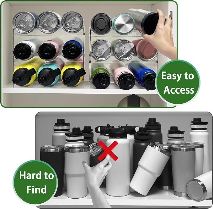 Spaclear 3 Pack Water Bottle Organizer for Cabinet, Stackable Water Bottle Holder, Plastic Cup Storage Organizer for Kitchen Cabinet Organizers and Storage, Tumbler Storage Cup Rack for Pantry Counter