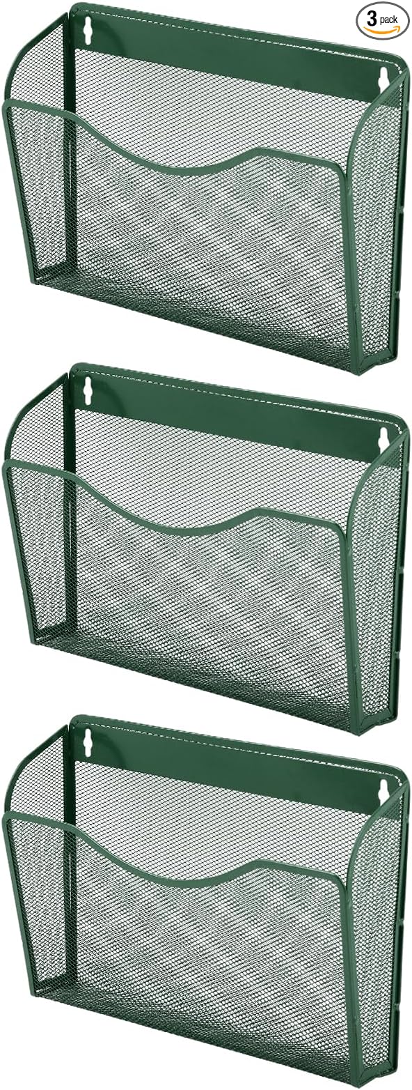 EASEPRES 3 Single Pocket Mesh Hanging File Organizer, Vertical Wall Mounted Magazine File Holder, Mount Basket Mail Paper Document Folder Organizing for Office, Home and School, Dark Green