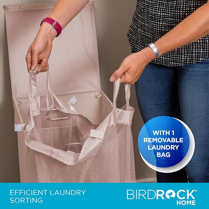 BIRDROCK HOME Single Laundry Hamper with Lid and Removable Liner | Linen | Easily Transport Laundry | Foldable Hamper | Cut Out Handles