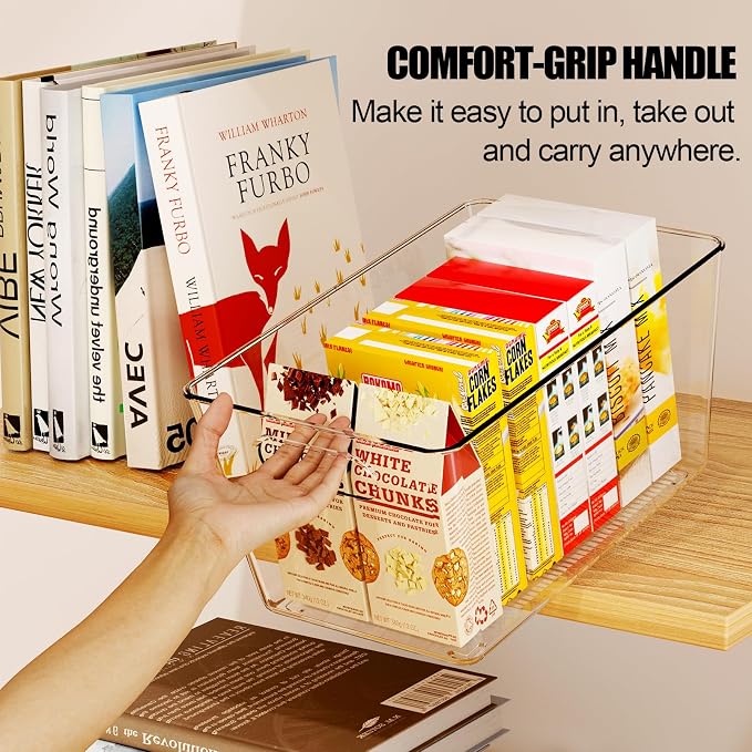 Set of 6 Clear Plastic Storage Bins, 4 Large +2 Small Pantry Organizers and Storage Containers for Kitchen Organization, Home Storage Must Haves for Office, Closet, Garage, Freezer& Bathroom