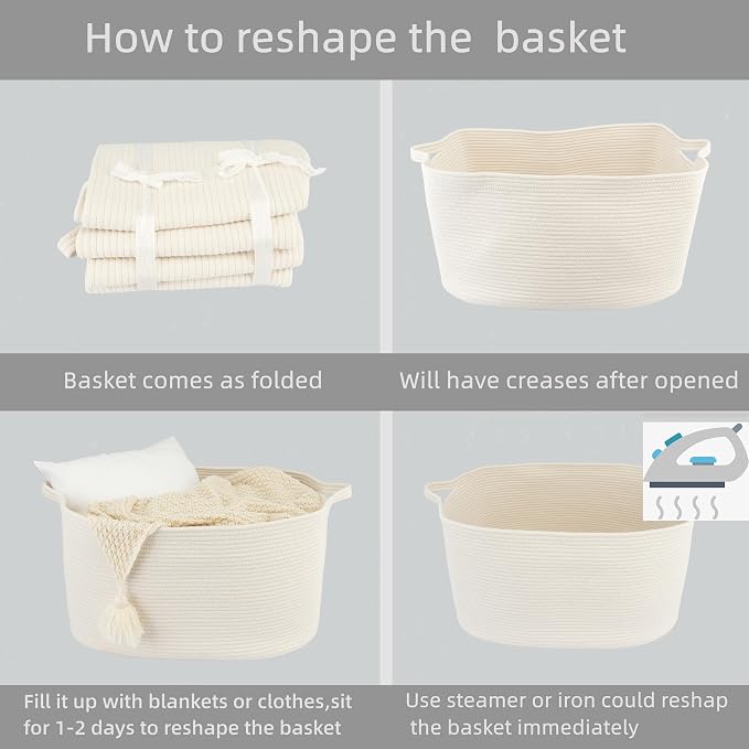 XUANGUO Large Rectangle Blankets Basket Living Room 22"x17"x12" Woven Cotton Rope Storage Baskets for Nursery Toy Baskets for Kids and Dogs Laundry Basket Bin for Clothes Towels white