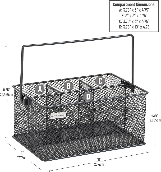 Mind Reader Multi-purpose Storage Caddy with Handle, Desktop Organizer, Cutlery Holder, 4 Compartments, Metal Mesh, Gray