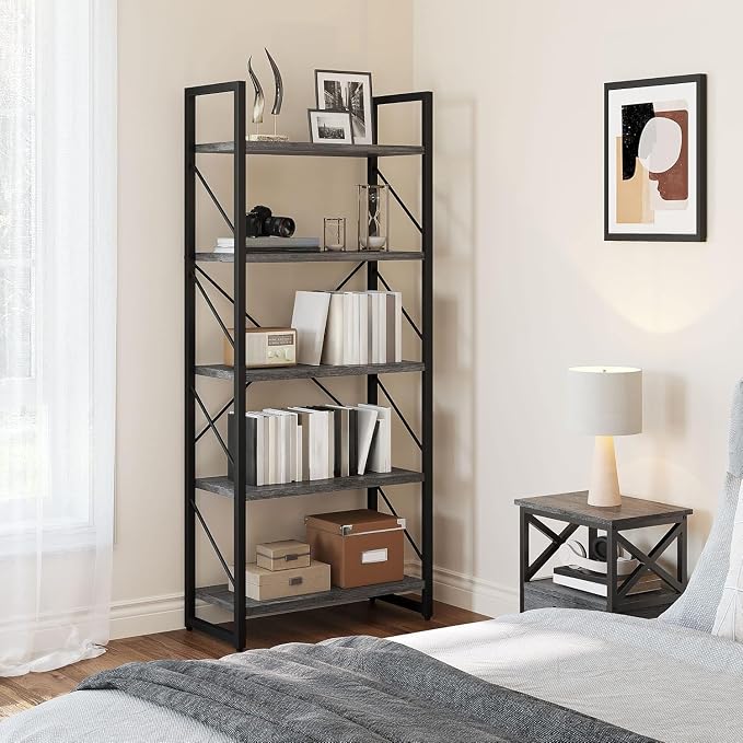 YITAHOME 5 Tiers Bookshelf, Industrial Artsy Grey Bookcase Bookshelves, Book Rack, Storage Rack Shelves Books Holder Organizer for Books Movies in Living Room Home Office, Black & Gray