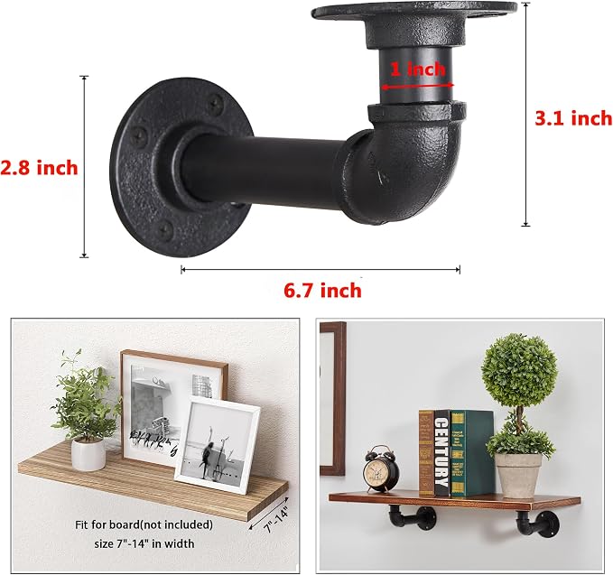Industrial L Pipe Shelf Brackets for 7-14 in Depth Wood,Heavy-Duty 3/4" Iron,Wall Mount Floating Shelf Bracket L Metal Pipe Shelving Brackets for Wood-Black DIY Pipe Shelves(6.7*3.1 Inch 8 Pack)