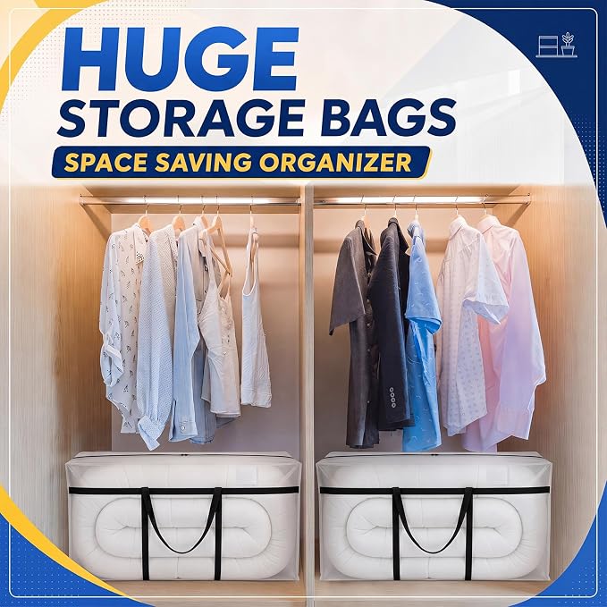Windyun 4 Pack 98 Gallon Extra Large Moving Bags XXL Heavy Duty Storage Bag with Strong Zipper Handle Jumbo Big Tote Box Foldable for College Dorm Travel Clothes Duffle Blanket Pillow(Transparent)