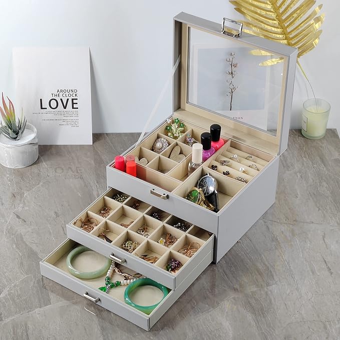 BOOVO Clear Lid Jewelry Box,3 Layers Jewelry Organizer Large Jewelry Storage Box with 2 Drawers,Jewelry Holder Organzier of Rings Earrings Necklace Bracelets for Women (Grey, 3 Layer)