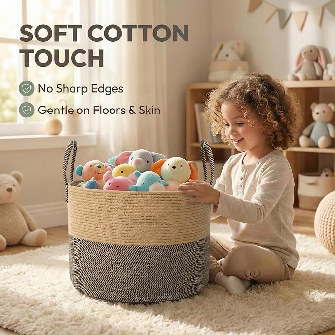 JMvicyroam 65L Extra Large Blanket Basket for Living Room - Woven Cotton Rope Laundry Hamper with Reinforced Handles - Storage Bin for Pillows, Comforters & Toys - Machine Washable,Jute&Black