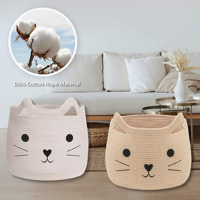 VK VK·LIVING Animal Hamper Large Woven Animal Cotton Rope Storage Basket Laundry Basket Organizer With Cat Design for Towels Blanket Toys Clothes Pet Hamper for Cat 15 L x 15 H