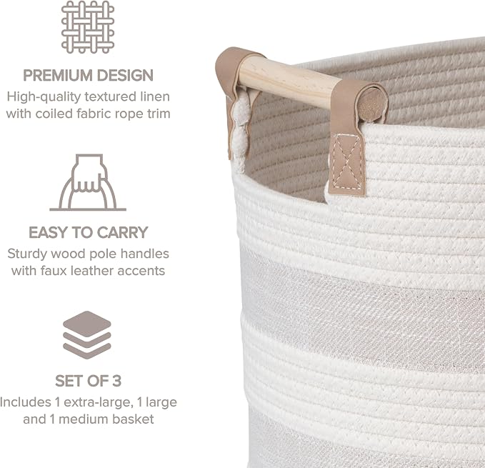 RGI Home Storage Baskets for Organizing, Textured Linen and Fabric Rope, Set of 3 Oval Decorative Woven Bins, Multi-Sized with Easy-Carry Premium Wooden Handles, Cream with Ivory Trim