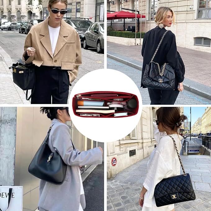 Surblue Purse Organizer Insert for Handbags, Felt Bag Organizer with Zippers Handbag Shaper Pouch for Classic 19 Flap Bag, Marmont, Onthego,（Burgundy, Slender M）