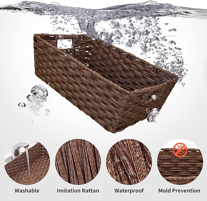 Onlytak Large Wicker Storage Basket, Metal Frame, Set of 2, Washable Waterproof, 15" x 10.3" x 5.2", Brown Color, Woven Basket for Pantry, Toilet, Bathroom, Bedroom, Patio