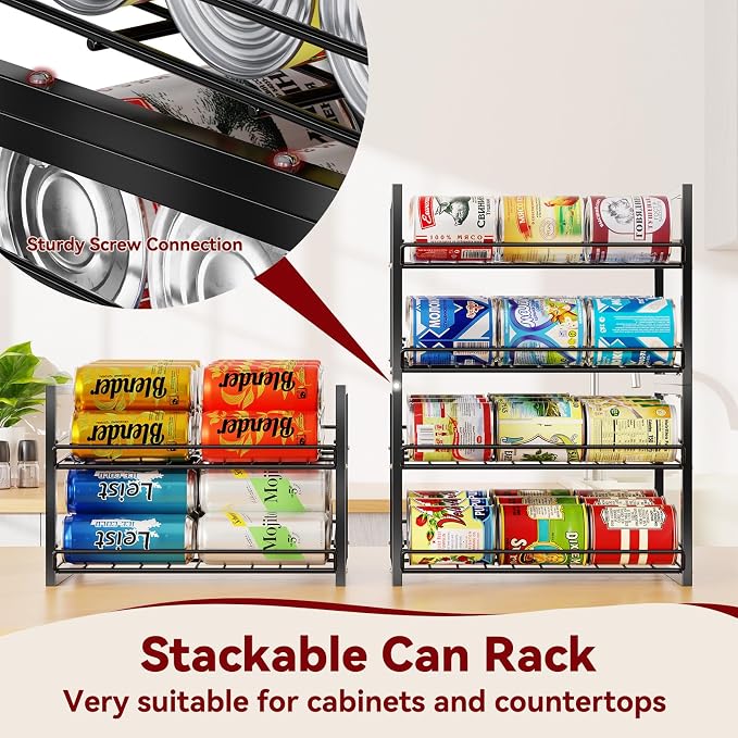 2-Tier Stackable Can Organizer 2 Pack, Pantry Can Dispenser Holds Up to 48 Cans, Metal Wire Basket for Canned Food Soda Drinks, Black