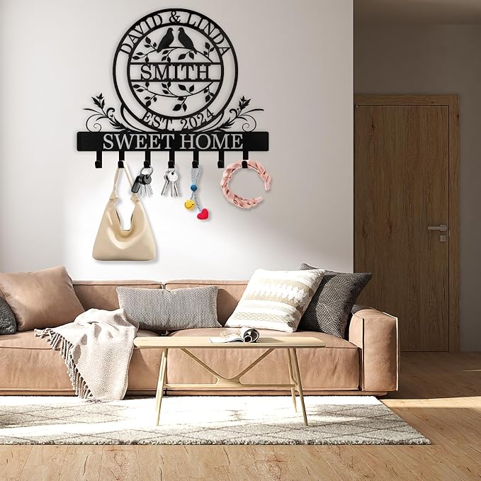 Dyoart Key Holder for Wall, Personalized Couple's Name Key Rack Coat Rack, Metal Key Holder Wall Mount for Housewarming Gifts, Key Hook Wall Hanging Bedroom Hallway Decor