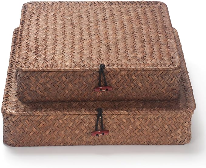 Seagrass Storage Basket Bins with Lid Rectangular Woven Shelf Baskets for Organize Snack Toys Set of 2 (Large+Small) (Coffee)