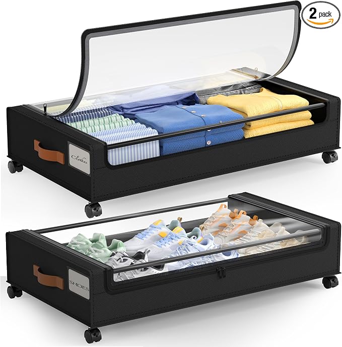 LAMU Under Bed Storage with Wheels, 2 Pack Under Bed Storage Containers with Clear Lid, XXL 60 L Underbed Storage Bins, Rolling Under Bed Metal Drawers for Clothes, Blankets, Shoes, Black