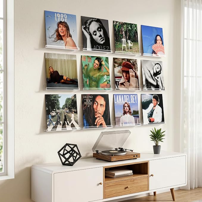Gotega 12 Pack Vinyl Record Shelf Wall Mount, 12 inch Album Record Holder Display, Clear Acrylic Floating Shelves for Wall, Suitable for Bedroom, Living Room, Magazine Shelf, Kids Bookshelf, etc