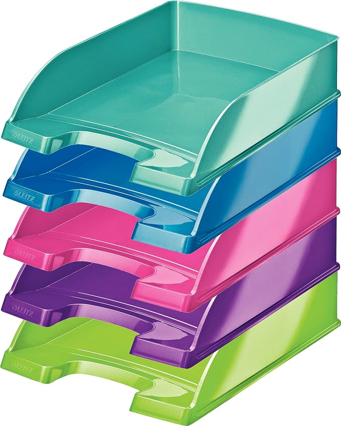 Leitz WOW A4 Letter Tray (Pack of 5, Assorted Colours) Blue, Ice Blue, Pink, Purple and Green