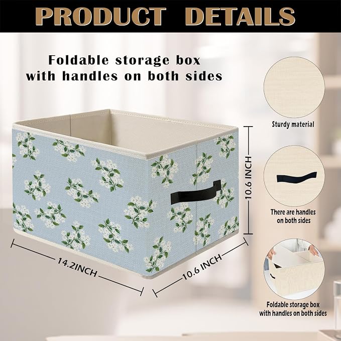 Blue and White Tiny Hydrangea Floral Storage Bin Box with Handles, Chinoiserie Grandmillennial Hydrangea Flower Foldable Organizer Basket Toybox for Girls Bedroom Bathroom Clothes Toys Books