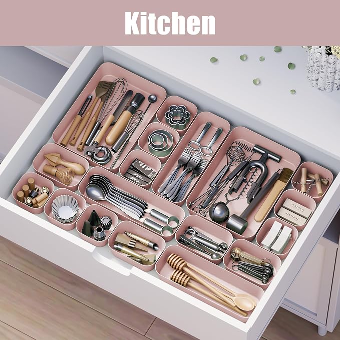 Drawer Organizers Bins 10 PCS for Bathroom Makeup Desk Office | with Non-slip Pads, 3 Sizes, Plastic Tray, Vanity Organizer, Kitchen Utensils Organizer