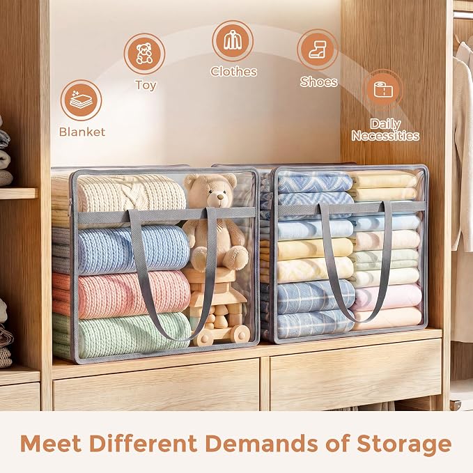 Budding Joy Clear Zippered Storage Bags for Clothes,40L Closet Organizers and Storage Containers Vinyl Moving Bag for Bedding, Linen, Blankets, Comforters, Clothing & Toys, Grey, 4 Pack