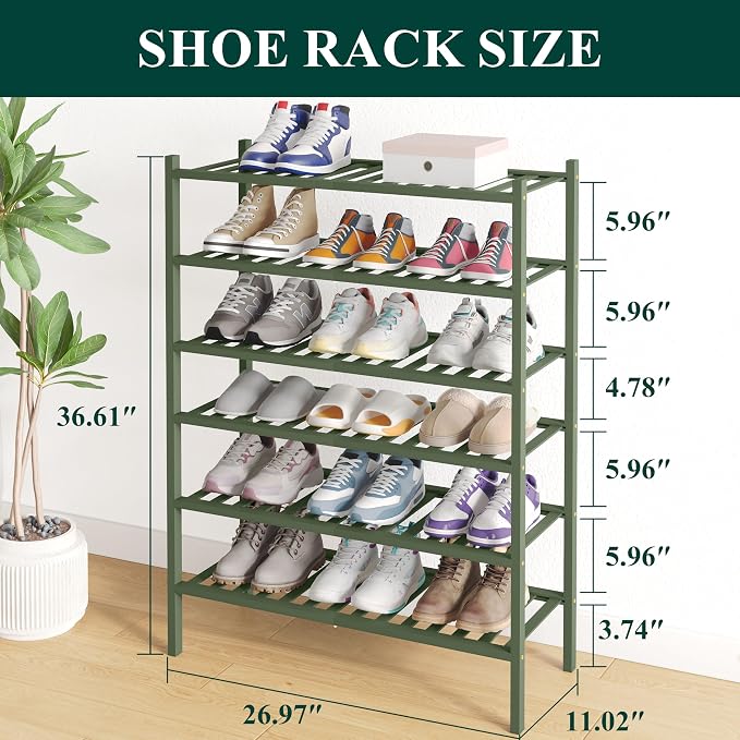 Smiry Bamboo Shoe Rack for Closet, 6 Tier Wooden Shoe Organizer, Stackable Wood Shoe Storage Shelf for Entryway, 14 Vertical Slats, 3+3 Stack Heavy-Duty Legs, 26.77"x11.02"x36.61", Green
