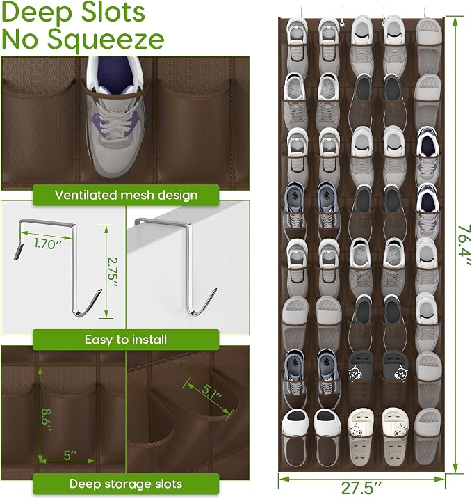 Over the Door Shoe Organizer with 40 Large Breathable Mesh Pockets, Space Saving Shoe Holder, Hanging Shoe Rack for Entryway Bedroom Closet Storage (Brown, 40 Pockets)
