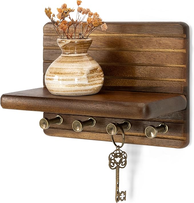 Rebee Vision Acacia Wooden Key Holder Wall Mount for Home Decor – Mini 7-inch Key Holder for Wall with 4 Sturdy Hooks & Floating Shelf - Ideal for Home Improvement (Acacia)