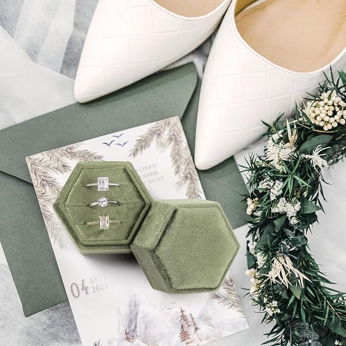 WantGor Velvet Jewelry Ring Box, 3 Slots Hexagon Ring Gift Box Ring Holder | Vintage Ring Display Case for Wedding Ceremony Proposal Engagement (Olive Green)