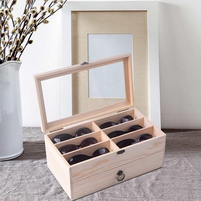 AUTOARK Pine Wood 12 Piece Eyeglass Storage Display Case Organizer,AW-171 | Sunglass Glasses Display,Drawer Lockable,DIY Colors