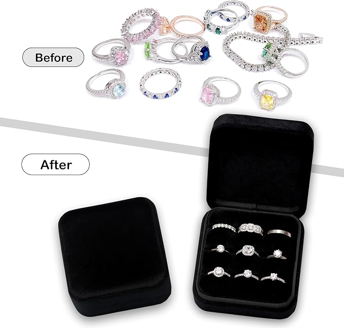 Velvet Jewelry Box Organizer | Ring Holder Case | Jewelry Small Travel Jewelry Storage | Portable Ring Earring Tray Organizer (Black)