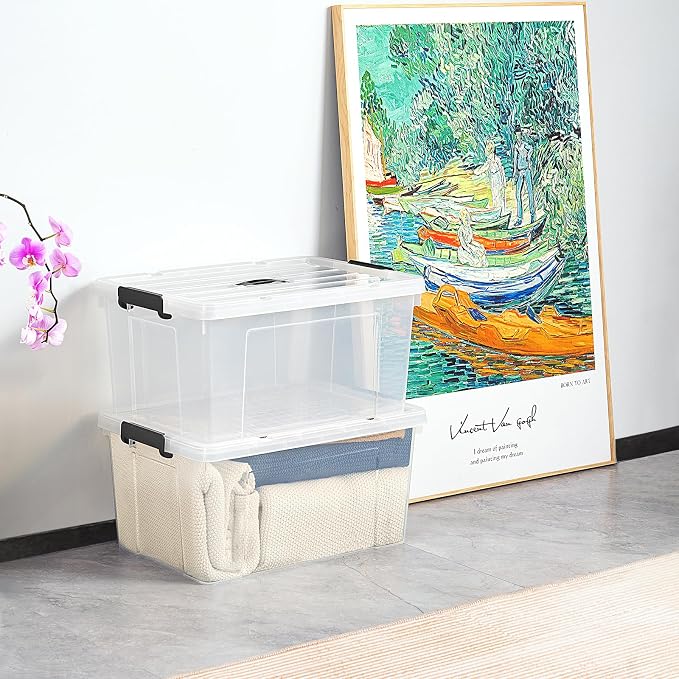 Cetomo Lidded Storage Bin with Handle, Tote Organizing Container with Wheels, Lid and Secure Latching Buckles, Stackable and Nestable, Plastic, 72 Quart-6 Pack, Clear