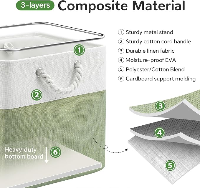 13 x 13 Inch Cube Storage Bins, 6 Pack Fabric Storage Basket with Handles, Foldable Boxes Organizer for Shelf Baskets for Home, Clothes (White/Green)