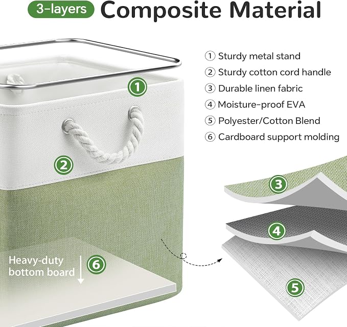12 x 12 Inch Cube Storage Bins, 4 Pack Fabric Storage Basket with Handles, Foldable Boxes Organizer for Shelf Baskets for Home, Clothes (White/Green)