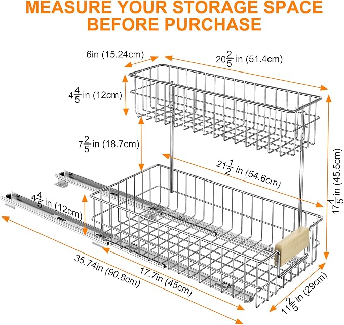 ROOMTEC Pull Out Cabinet Organizer, Under Sink Slide Out Storage Shelf with 2 Tier Sliding Wire Drawer, Sliding Storage for Inside Kitchen Cabinet- 11½ in. W x 21½ in. D (Right)
