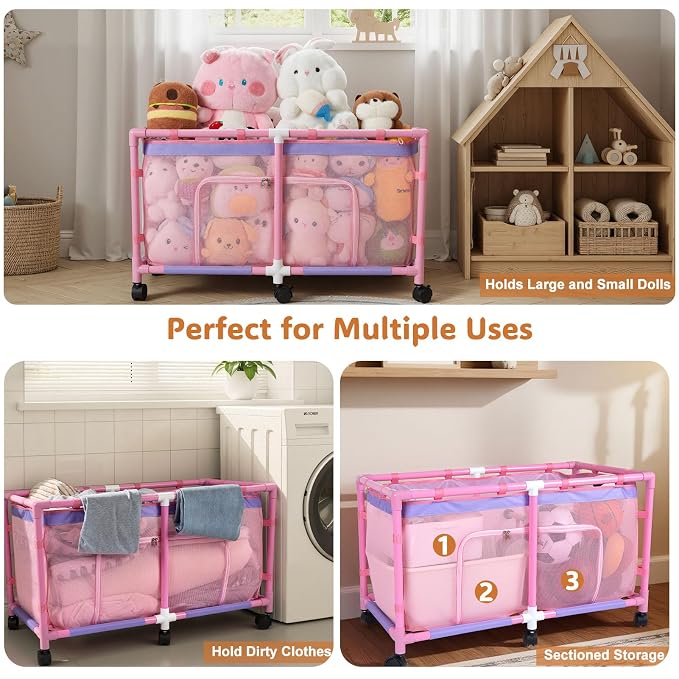 FIOBEE Toy Box for Girls Boys with See-Through Mesh & 360° Rotating Wheels Toy Chest Organizer Easy Install Stuffed Animal Storage for Nursery Playroom Toy Storage Bin, Pink