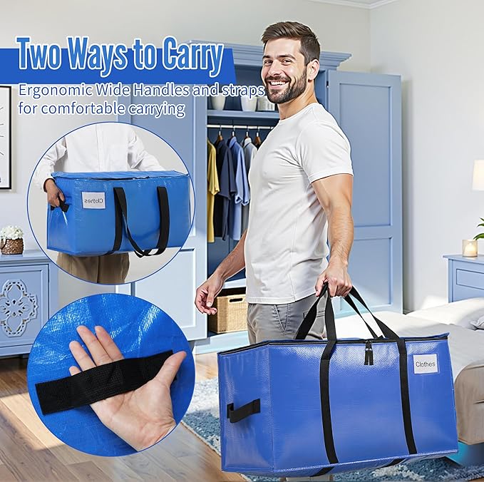 BAGAIL Heavy Duty Moving Bags with Strong Handle, Extra Large Moving Boxes, Storage Tote for Clothes, College Moving Supplies(Blue, 2 Pack)