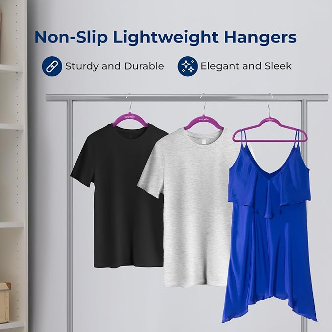 SereneLife Velvet Hangers – 30 Pack, Slim & Space Saving for Closets | Soft velvet grip prevents slipping on silk, satin & knitwear – 360° swivel hook fits all standard closet rods