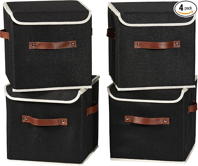 4PCS Storage Cubes with Lid Fabric Storage Bins Boxes PU Leather Handles Cotton Linen Closet Organizer Container Decorative Foldable Washable Shelf Cloth Basket (Flip-top Lid, Black, 11in)
