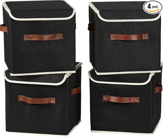 4PCS Storage Cubes with Lid Fabric Storage Bins Boxes PU Leather Handles Cotton Linen Closet Organizer Container Decorative Foldable Washable Shelf Cloth Basket (Flip-top Lid, Black, 11in)